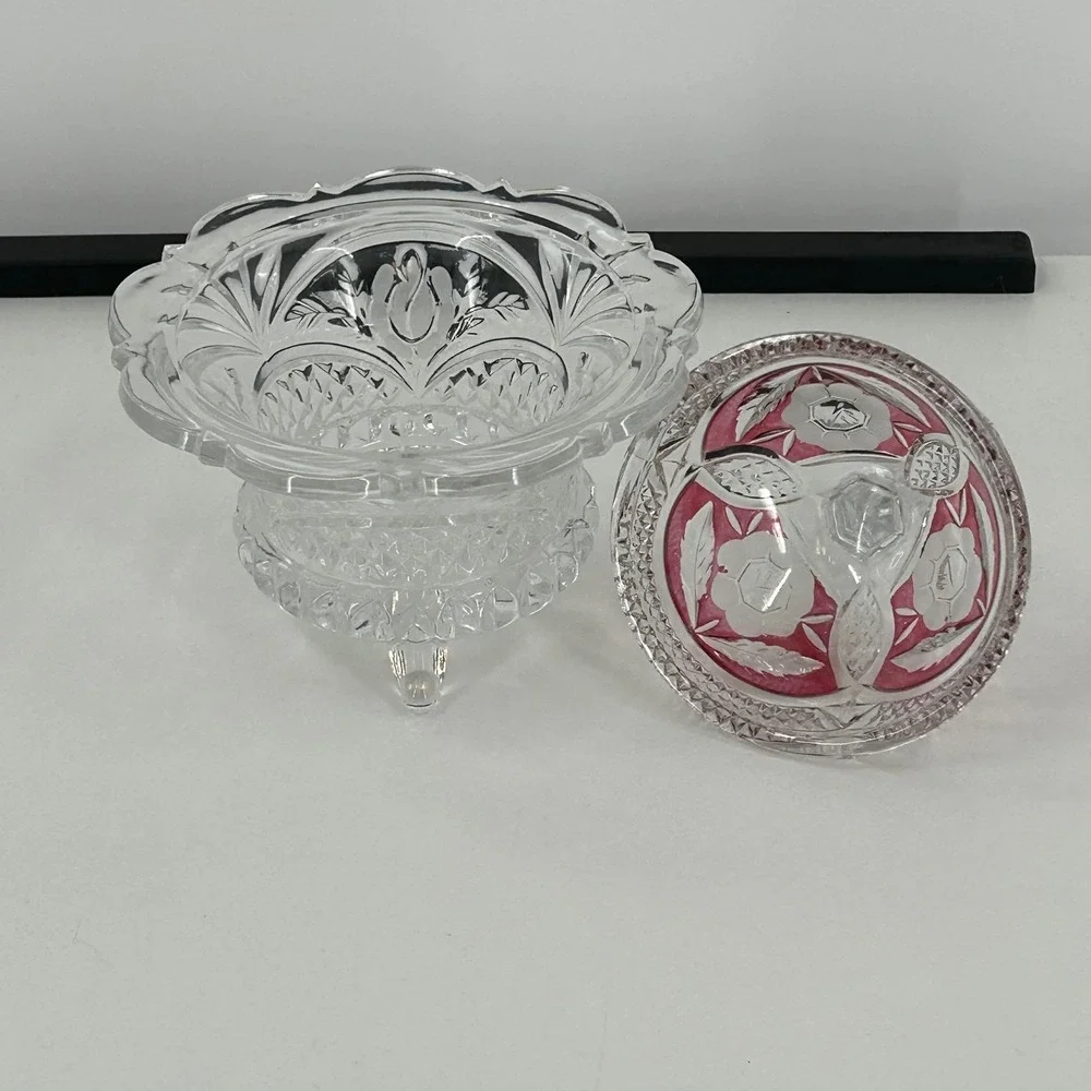 Vintage Footed Glass Candy Dish with Cranberry Flash Rose Lid Clear Pressed Bowl